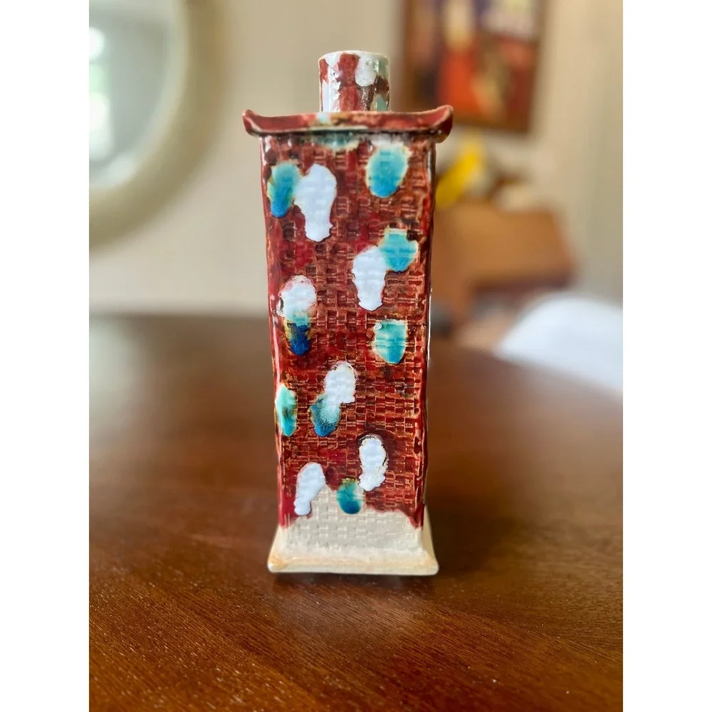 Signed Studio Pottery Artisan Ceramic Sake Sculptural Bottle Red Blue 2012